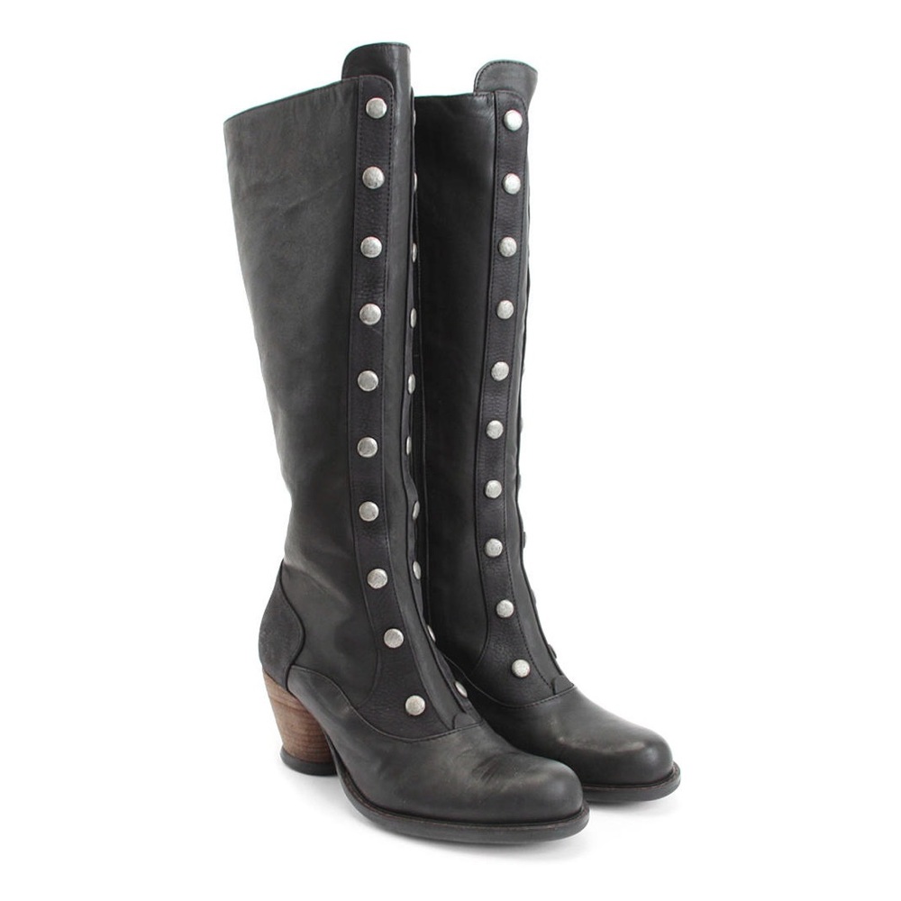 John Fluevog Dallas Black Tall Boots with Studded Shaft - Picture 2 of 16